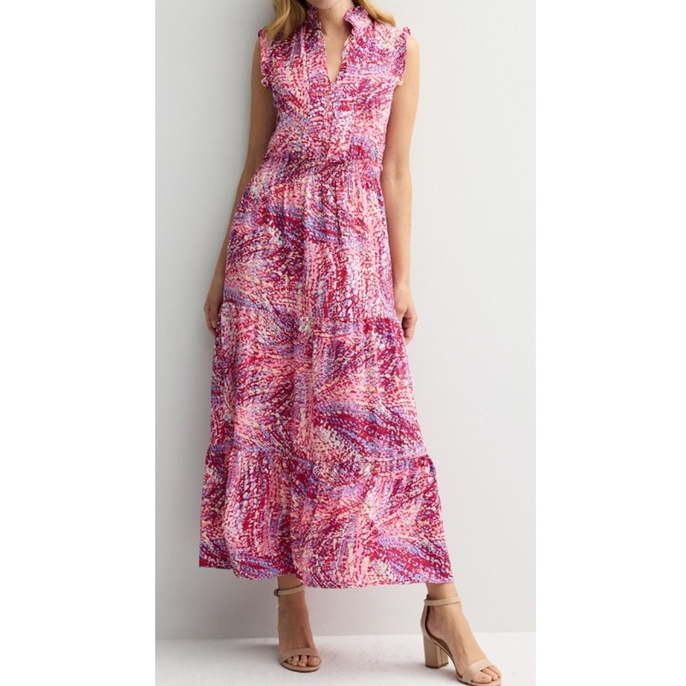 NWT London Times Pink Floral Smocked Waist Maxi Crinkled Garden Wedding A Line12 - Picture 1 of 10